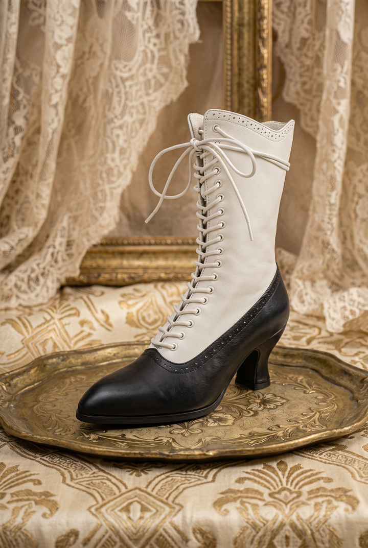 Handmade Victorian-Inspired Lace-Up Two-Tone Boots - Retro Ivory &amp; Black Leather