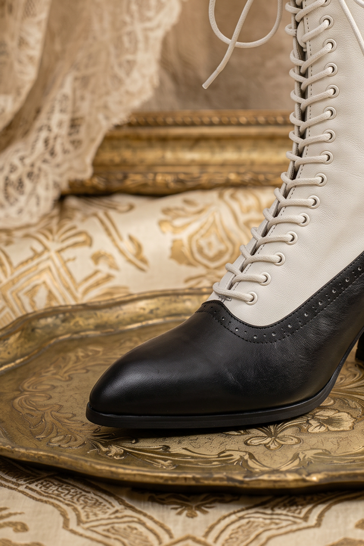 Handmade Victorian-Inspired Lace-Up Two-Tone Boots - Retro Ivory &amp; Black Leather