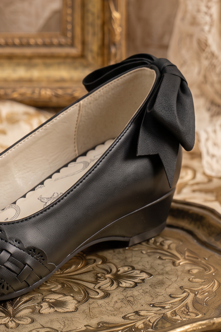 Handmade Vintage-Inspired Gothic Black Ballet Flats with Scalloped Lace Trim and Satin Bows
