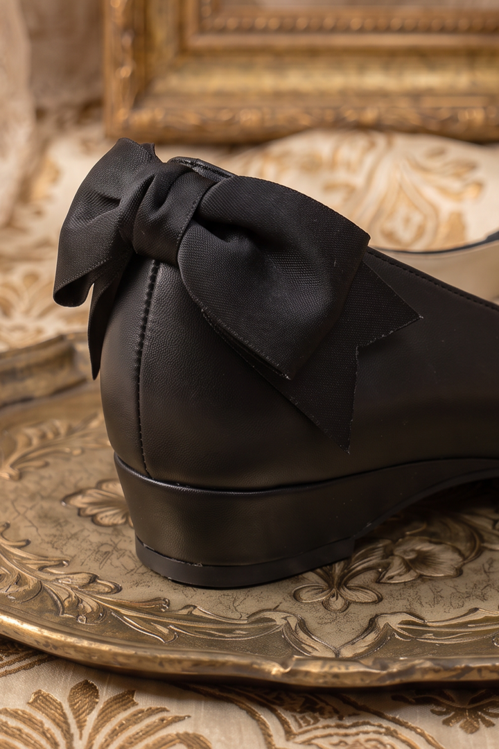 Handmade Vintage-Inspired Gothic Black Ballet Flats with Scalloped Lace Trim and Satin Bows