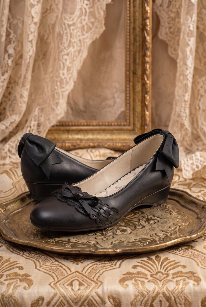 Handmade Vintage-Inspired Gothic Black Ballet Flats with Scalloped Lace Trim and Satin Bows