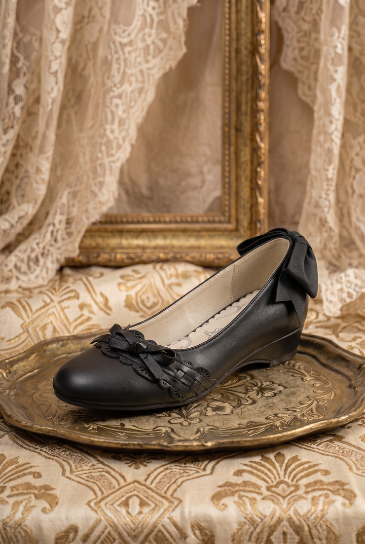 Handmade Vintage-Inspired Gothic Black Ballet Flats with Scalloped Lace Trim and Satin Bows