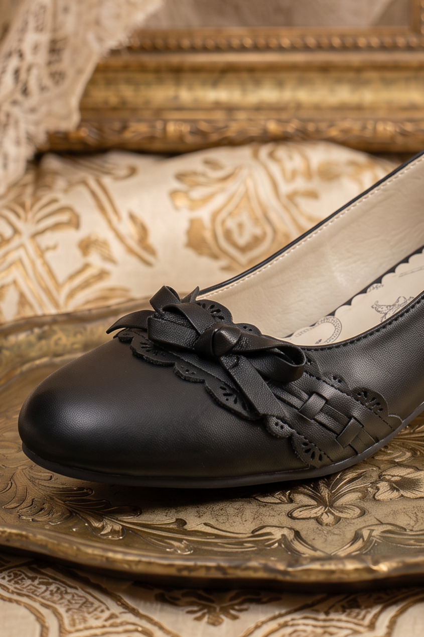 Handmade Vintage-Inspired Gothic Black Ballet Flats with Scalloped Lace Trim and Satin Bows