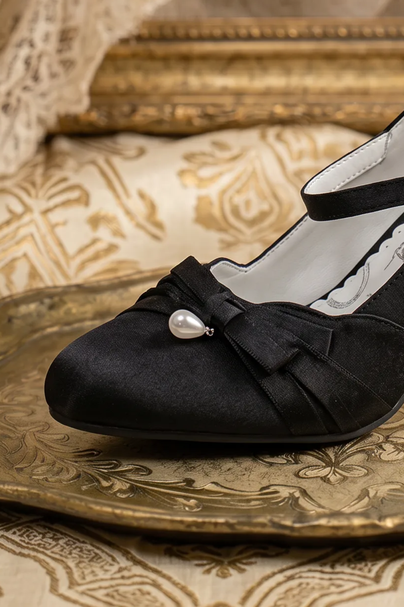 Handmade Vintage-Inspired Gothic Black Satin Mary Jane Heels with Pearl Bow and Jeweled Buckle