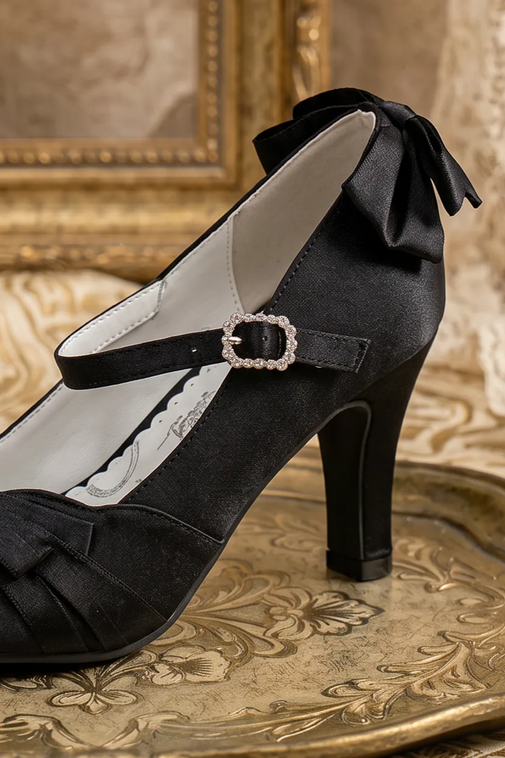 Handmade Vintage-Inspired Gothic Black Satin Mary Jane Heels with Pearl Bow and Jeweled Buckle