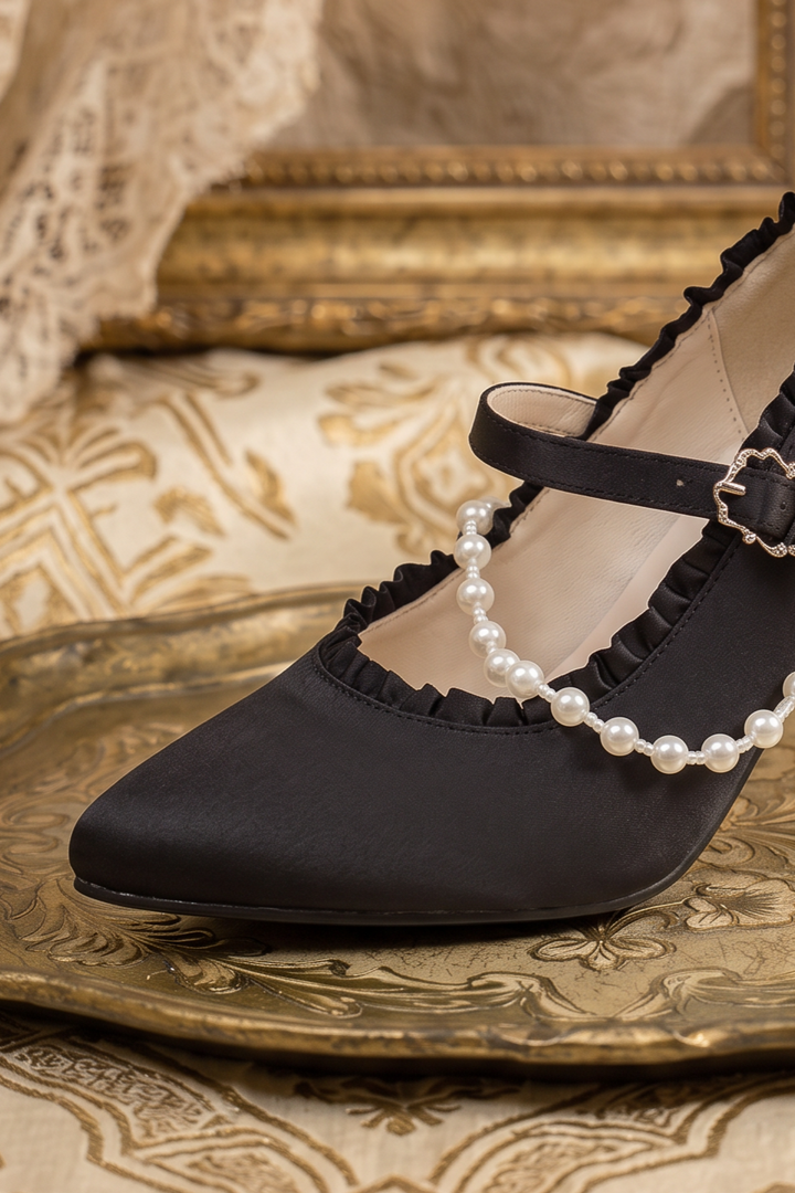 Handmade Vintage-Inspired Gothic Black Satin Mary Jane Heels with Pearl Trim and Bow Details