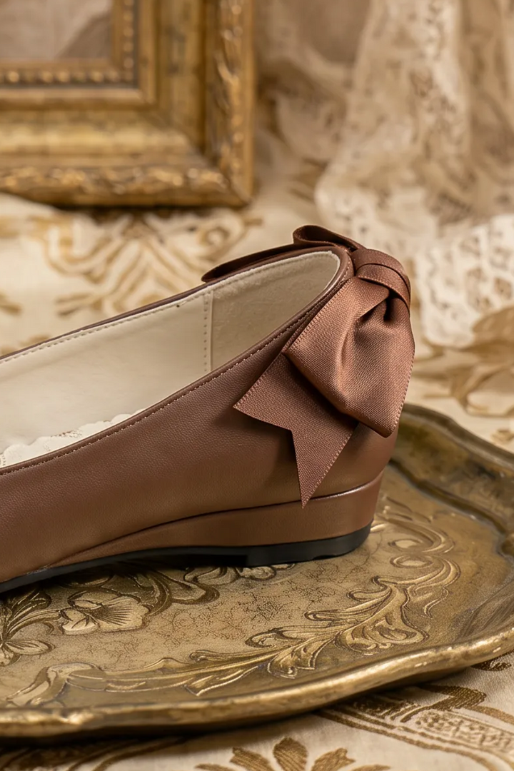 Handmade Vintage-Inspired Gothic Brown Ballet Flats with Scalloped Cutout Trim and Satin Bows