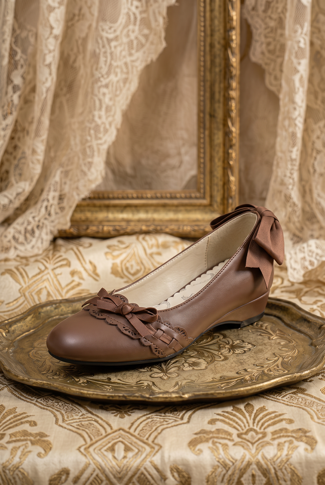 Handmade Vintage-Inspired Gothic Brown Ballet Flats with Scalloped Cutout Trim and Satin Bows