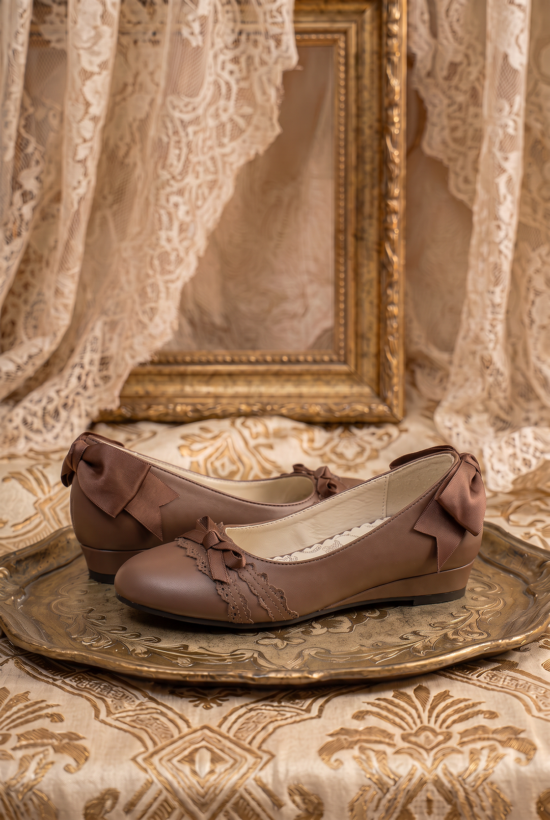 Handmade Vintage-Inspired Gothic Brown Ballet Flats with Scalloped Cutout Trim and Satin Bows