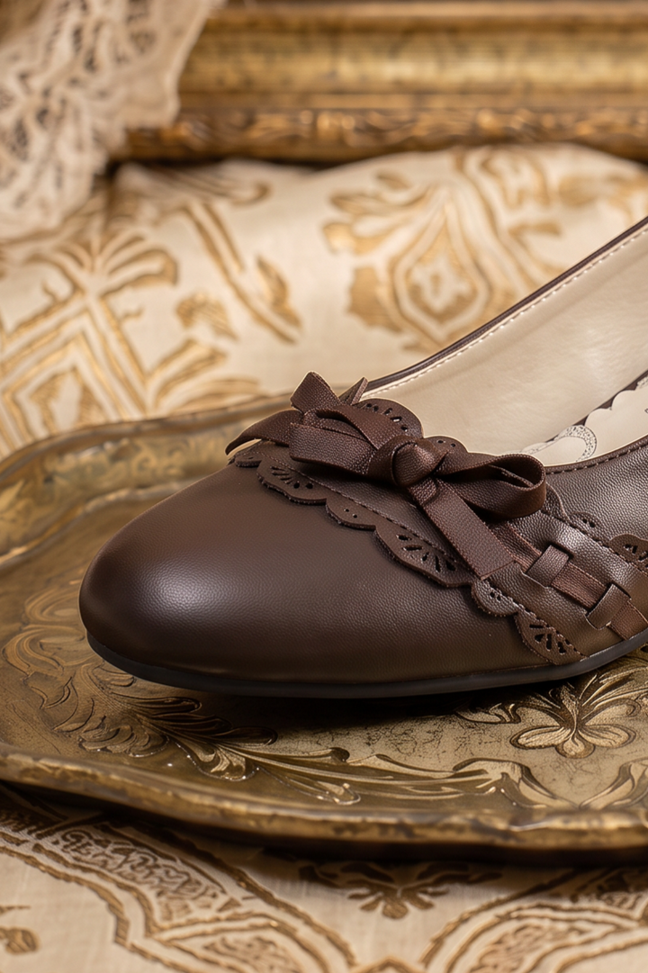 Handmade Vintage-Inspired Gothic Dark Brown Ballet Flats with Scalloped Lace Trim and Satin Bows