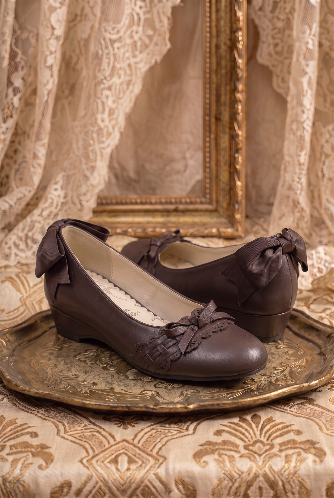 Handmade Vintage-Inspired Gothic Dark Brown Ballet Flats with Scalloped Lace Trim and Satin Bows