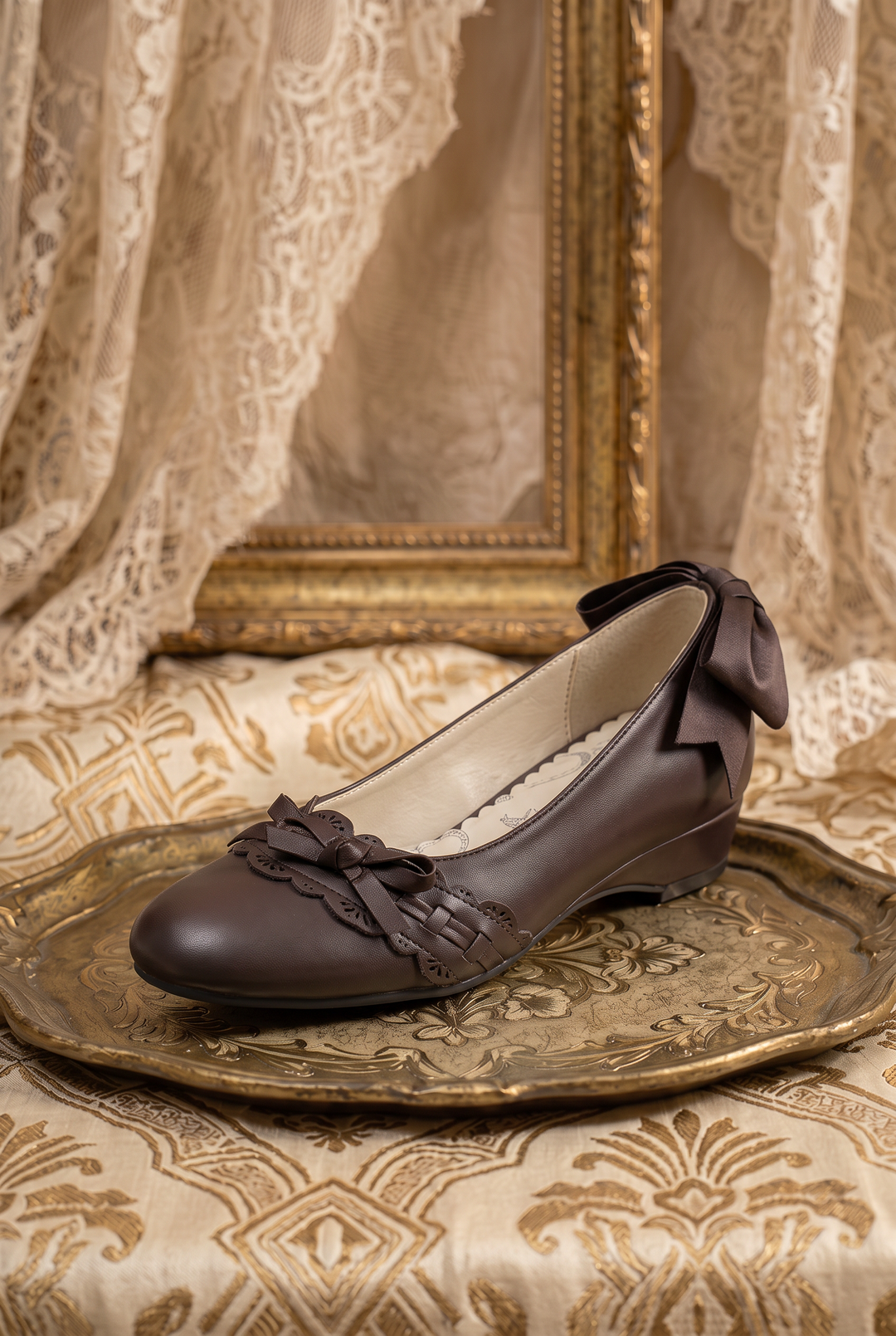Handmade Vintage-Inspired Gothic Dark Brown Ballet Flats with Scalloped Lace Trim and Satin Bows