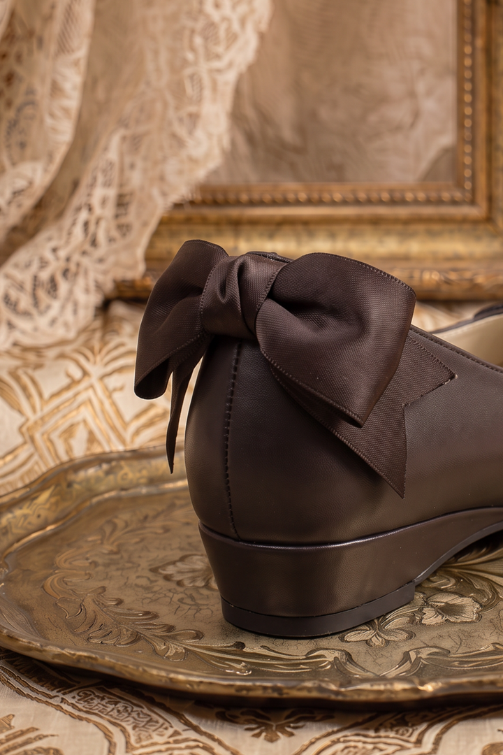 Handmade Vintage-Inspired Gothic Dark Brown Ballet Flats with Scalloped Lace Trim and Satin Bows