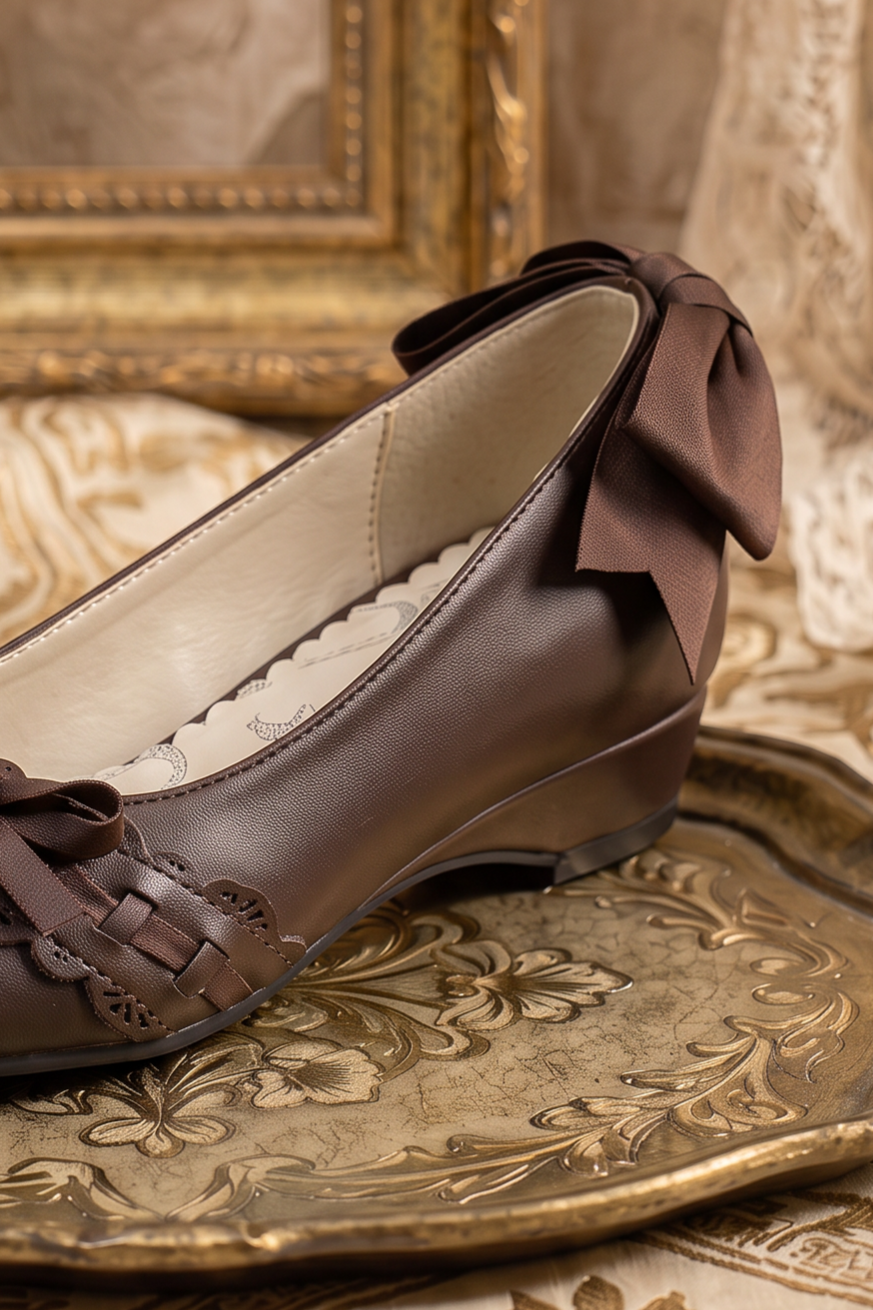 Handmade Vintage-Inspired Gothic Dark Brown Ballet Flats with Scalloped Lace Trim and Satin Bows