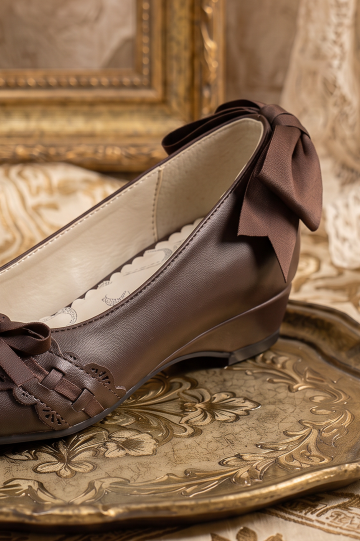 Handmade Vintage-Inspired Gothic Dark Brown Ballet Flats with Scalloped Lace Trim and Satin Bows