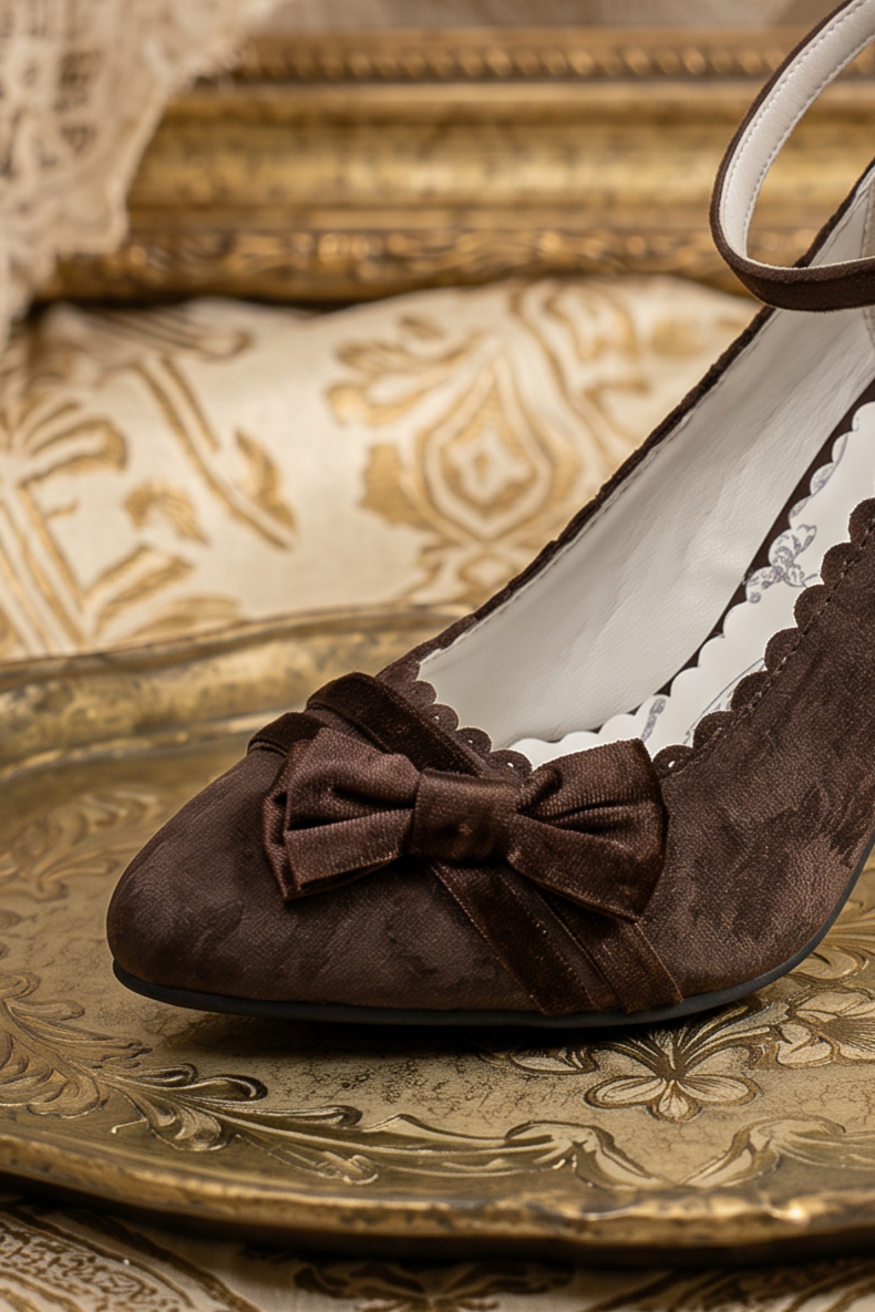 Handmade Vintage-Inspired Gothic Dark Brown Velvet Mary Jane Heels with Double Bows