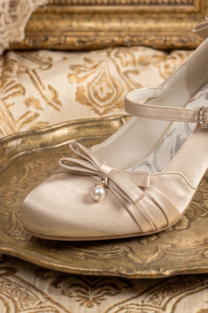 Handmade Vintage-Inspired Regency Champagne Satin Mary Jane Heels with Pearl Bow and Jeweled Buckle