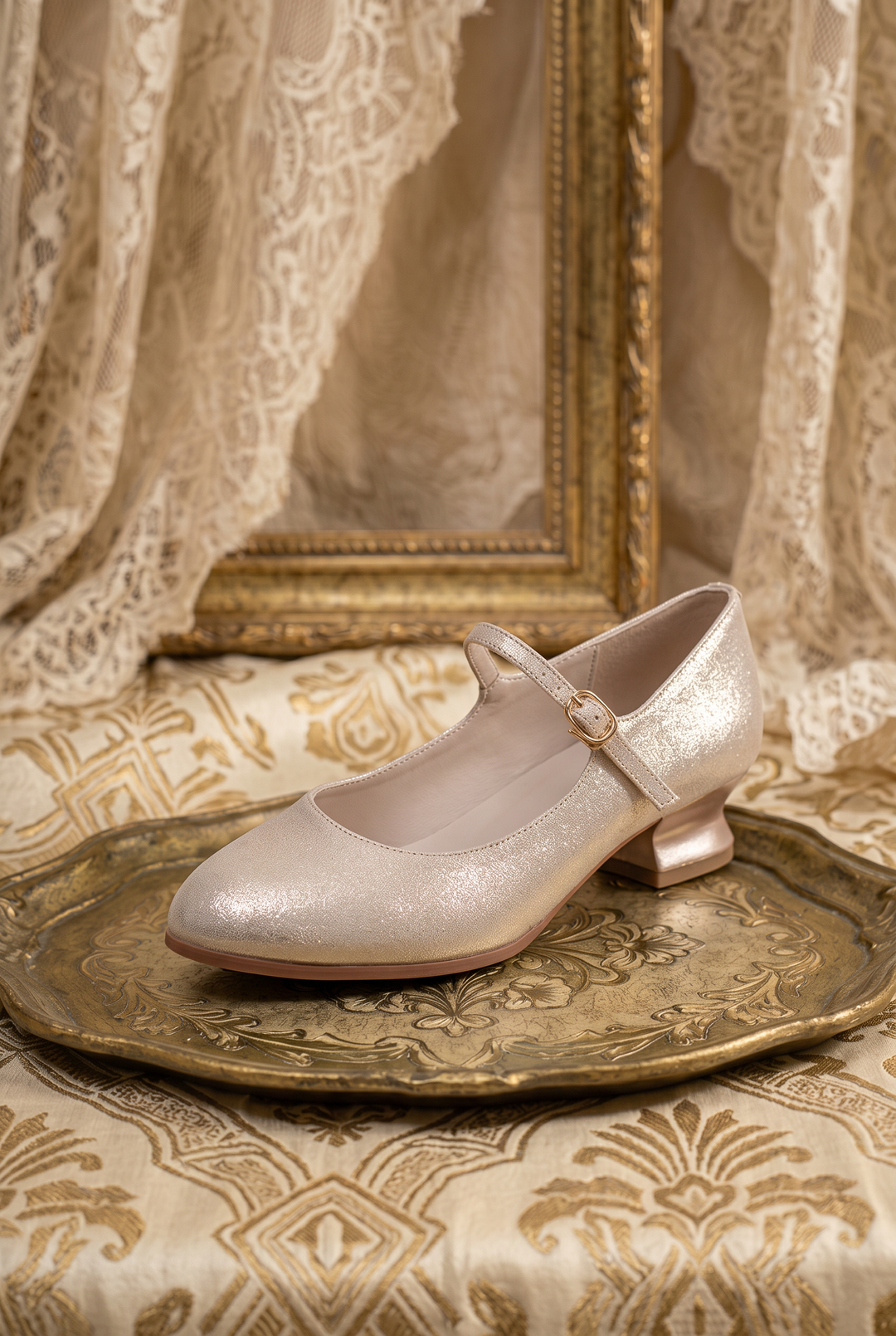 Handmade Vintage-Inspired Regency French Champagne Gold Mary Jane Shoes