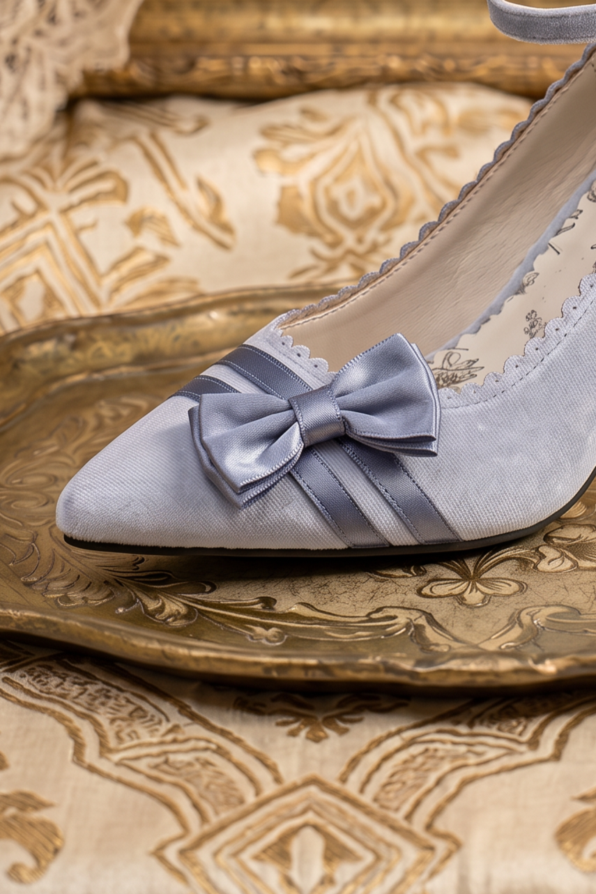 Handmade Vintage-Inspired Regency Frost Blue Satin Bow Heels with Ankle Strap