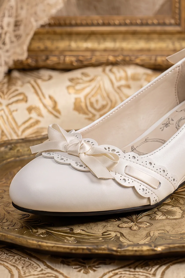 Handmade Vintage-Inspired Regency Ivory Ballet Flats with Scalloped Lace Trim and Satin Bows
