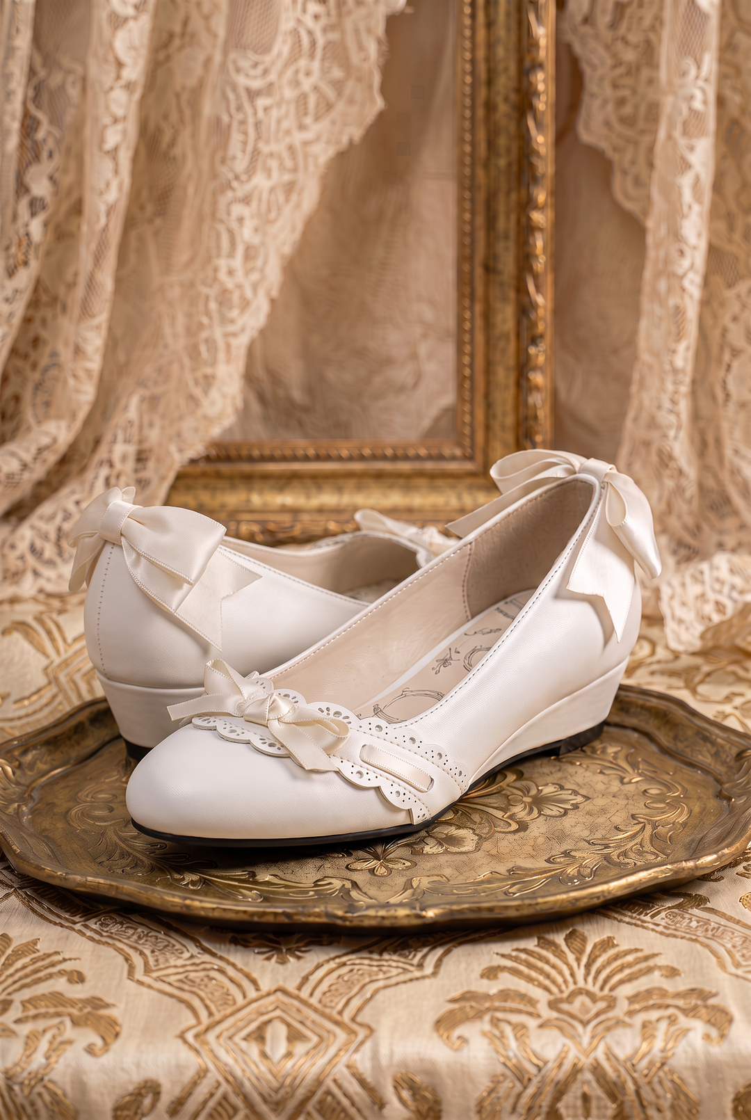 Handmade Vintage-Inspired Regency Ivory Ballet Flats with Scalloped Lace Trim and Satin Bows