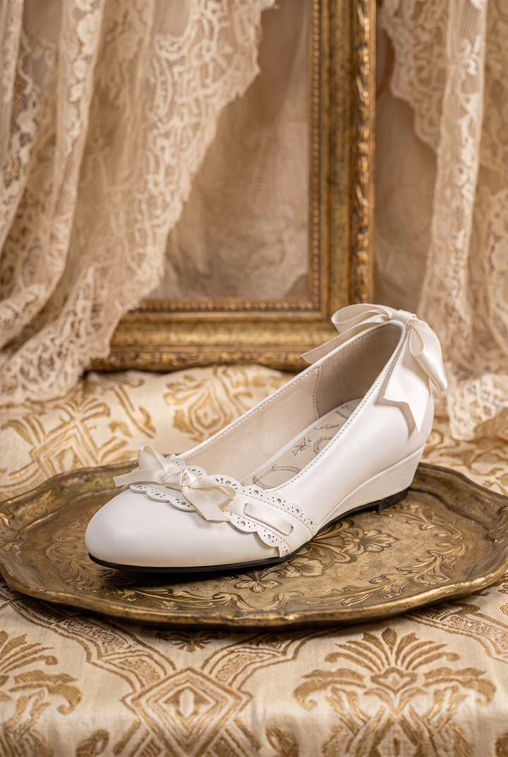 Handmade Vintage-Inspired Regency Ivory Ballet Flats with Scalloped Lace Trim and Satin Bows