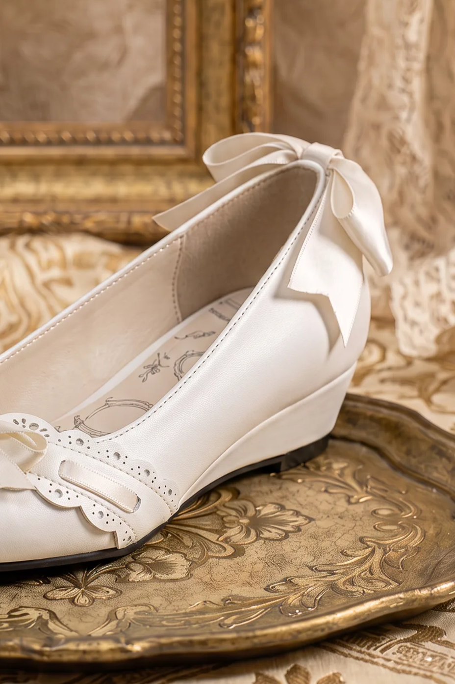 Handmade Vintage-Inspired Regency Ivory Ballet Flats with Scalloped Lace Trim and Satin Bows