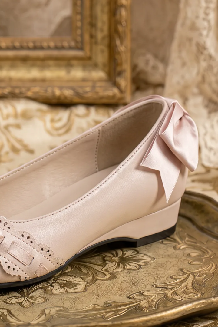 Handmade Vintage-Inspired Regency Nude Ballet Flats with Lace Trim and Satin Bows