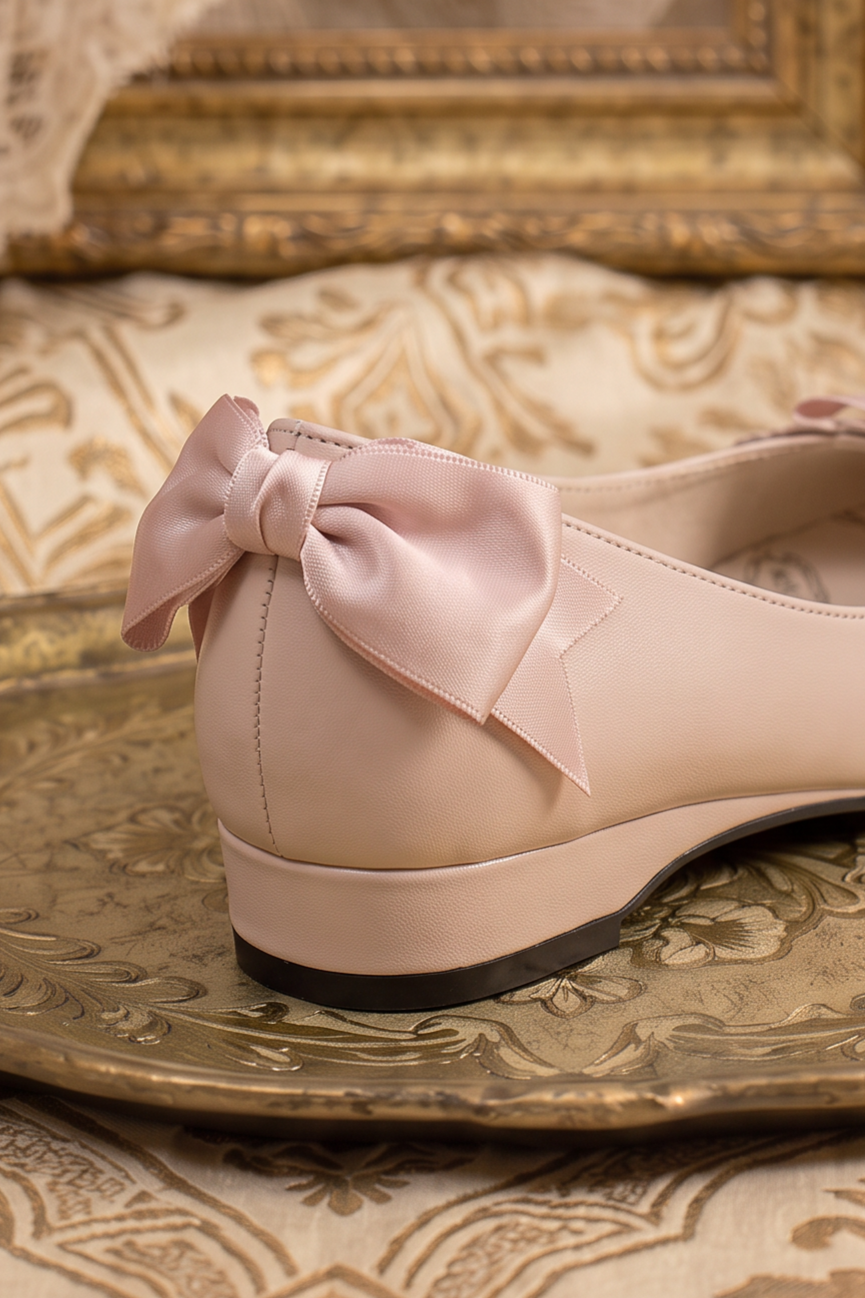 Handmade Vintage-Inspired Regency Nude Ballet Flats with Lace Trim and Satin Bows