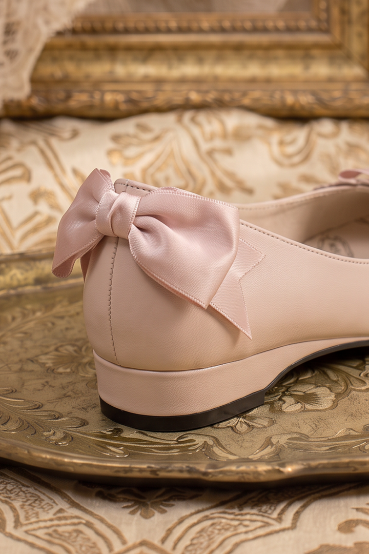 Handmade Vintage-Inspired Regency Nude Ballet Flats with Lace Trim and Satin Bows