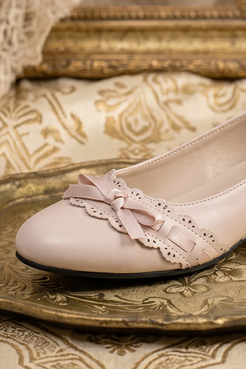 Handmade Vintage-Inspired Regency Nude Ballet Flats with Lace Trim and Satin Bows