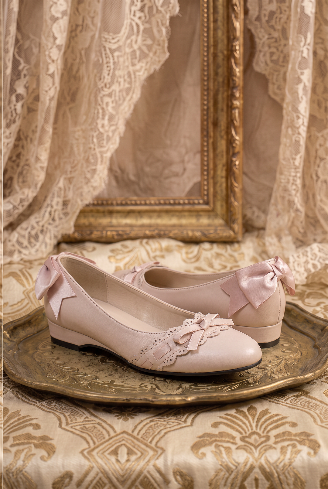 Handmade Vintage-Inspired Regency Nude Ballet Flats with Lace Trim and Satin Bows