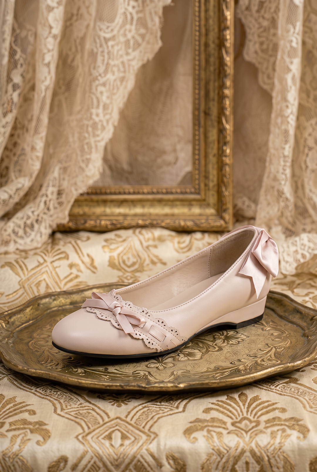 Handmade Vintage-Inspired Regency Nude Ballet Flats with Lace Trim and Satin Bows