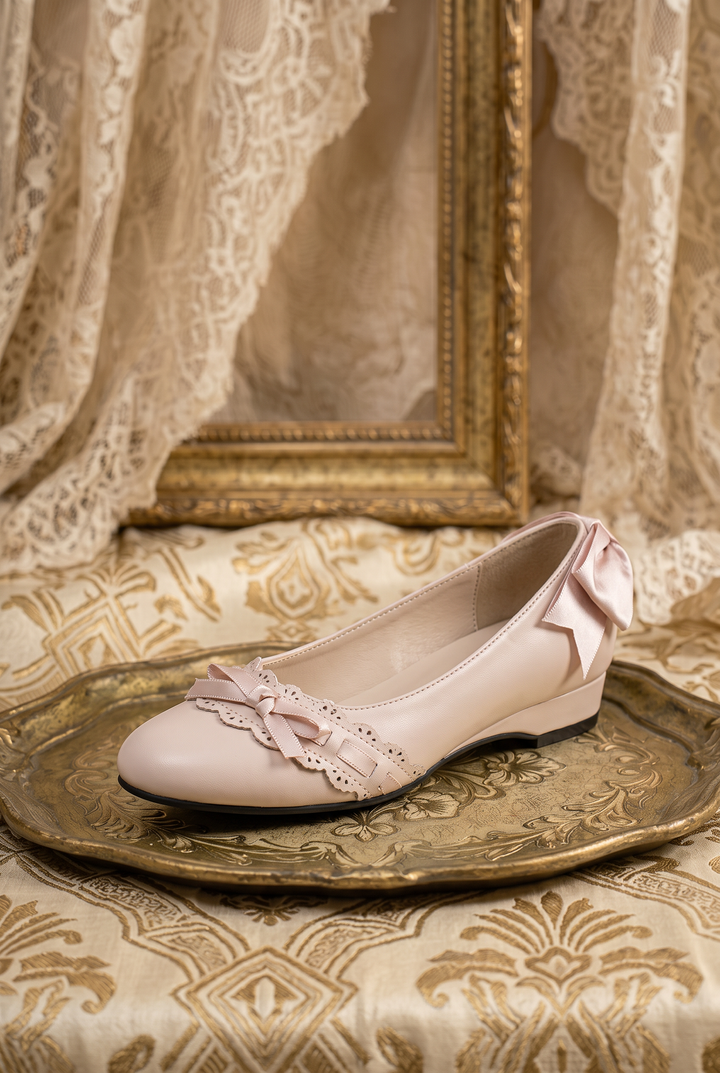 Handmade Vintage-Inspired Regency Nude Ballet Flats with Lace Trim and Satin Bows