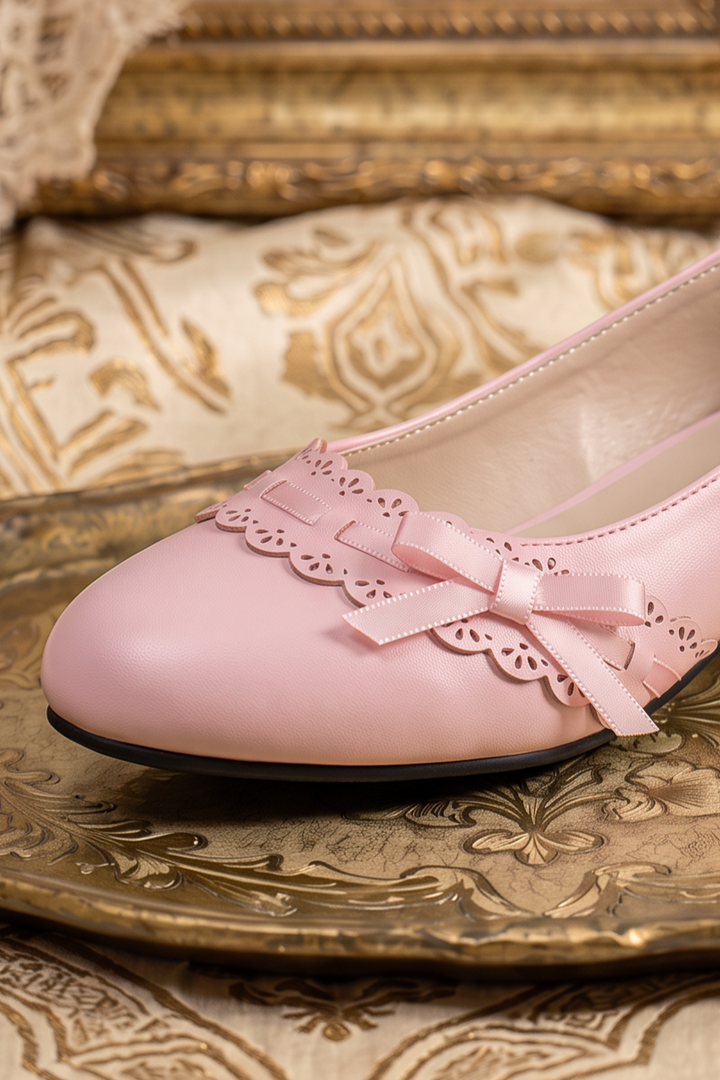 Handmade Vintage-Inspired Regency Pink Ballet Flats with Scalloped Trim and Satin Bows
