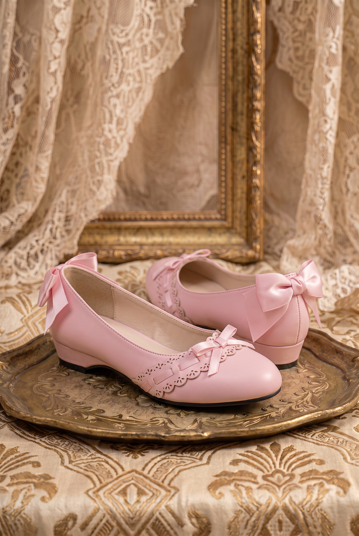Handmade Vintage-Inspired Regency Pink Ballet Flats with Scalloped Trim and Satin Bows