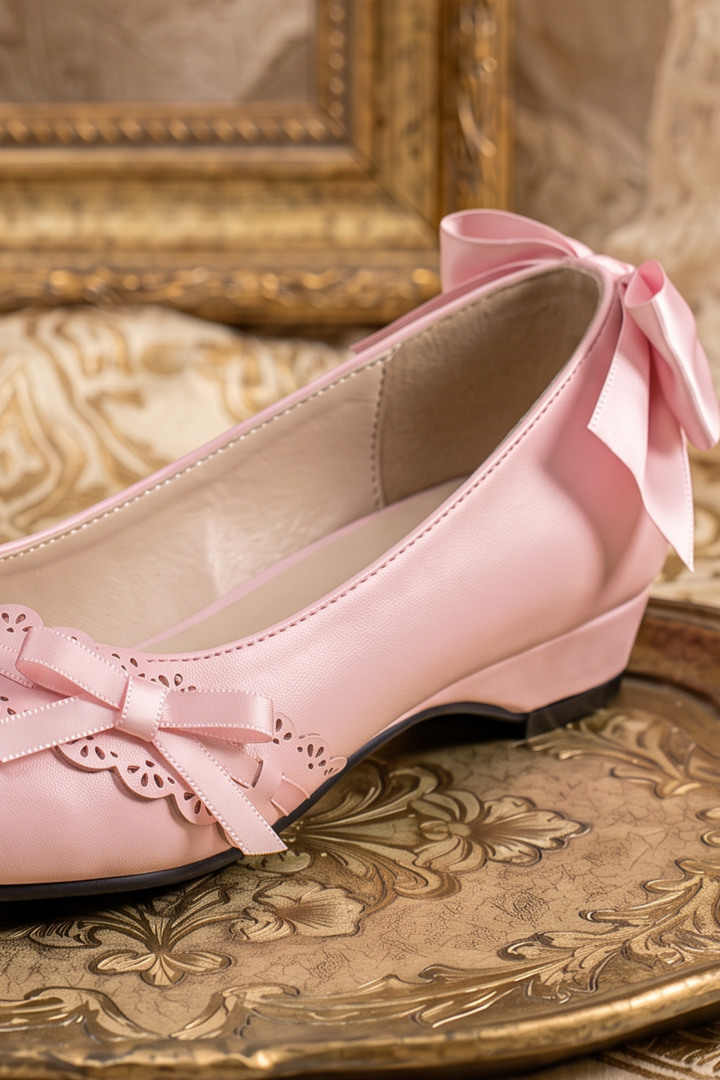 Handmade Vintage-Inspired Regency Pink Ballet Flats with Scalloped Trim and Satin Bows