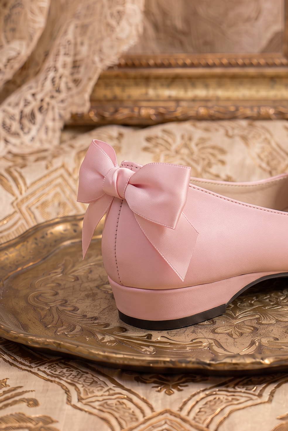 Handmade Vintage-Inspired Regency Pink Ballet Flats with Scalloped Trim and Satin Bows