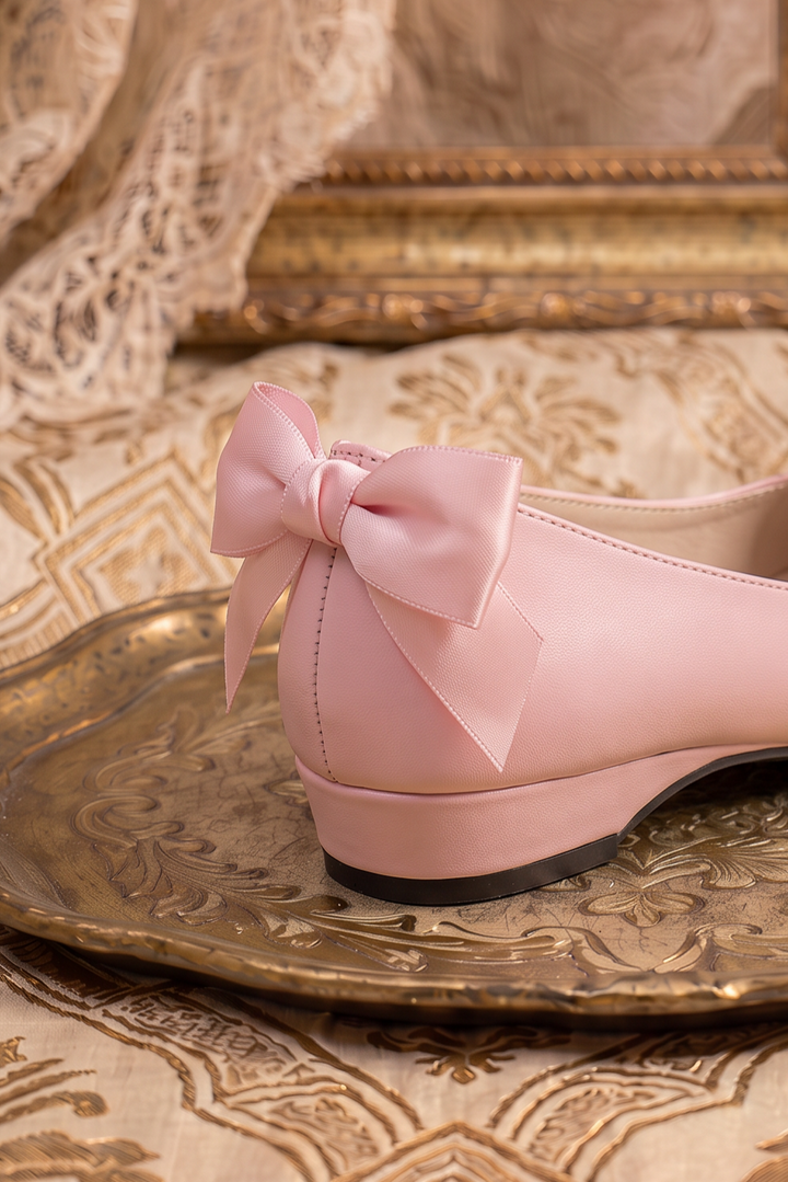 Handmade Vintage-Inspired Regency Pink Ballet Flats with Scalloped Trim and Satin Bows