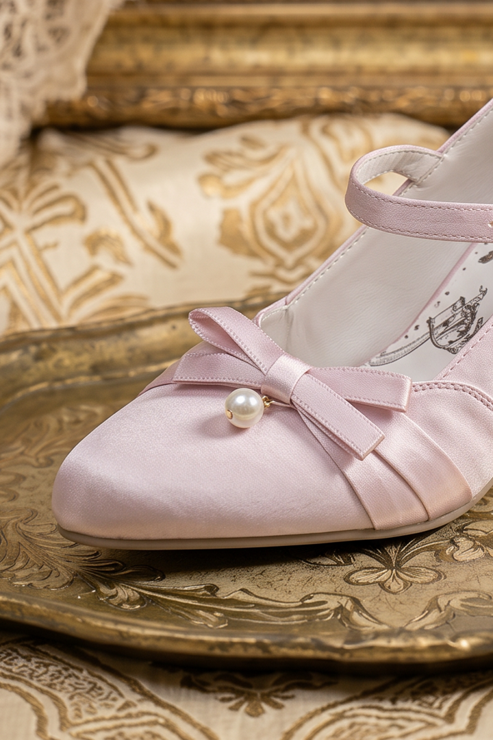 Handmade Vintage-Inspired Regency Pink Satin Mary Jane Heels with Pearl Accent and Crystal Buckle