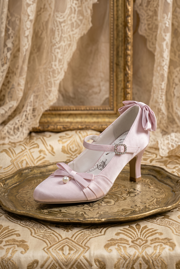Handmade Vintage-Inspired Regency Pink Satin Mary Jane Heels with Pearl Accent and Crystal Buckle