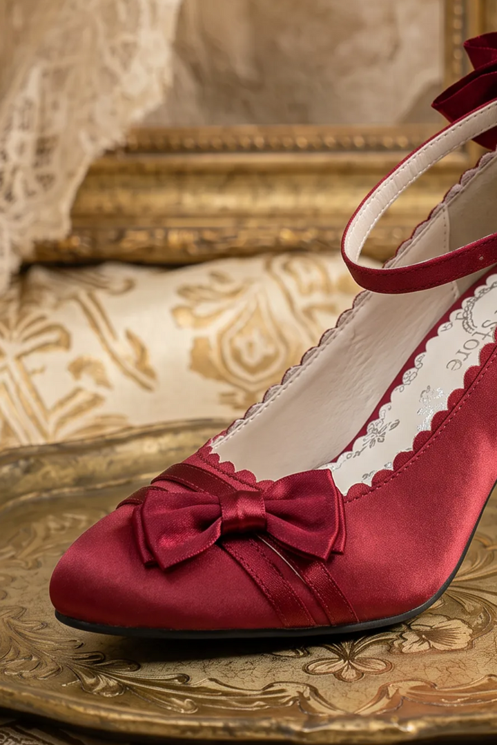 Handmade Vintage-Inspired Regency Ruby Red Satin Bow Heels with Ankle Strap