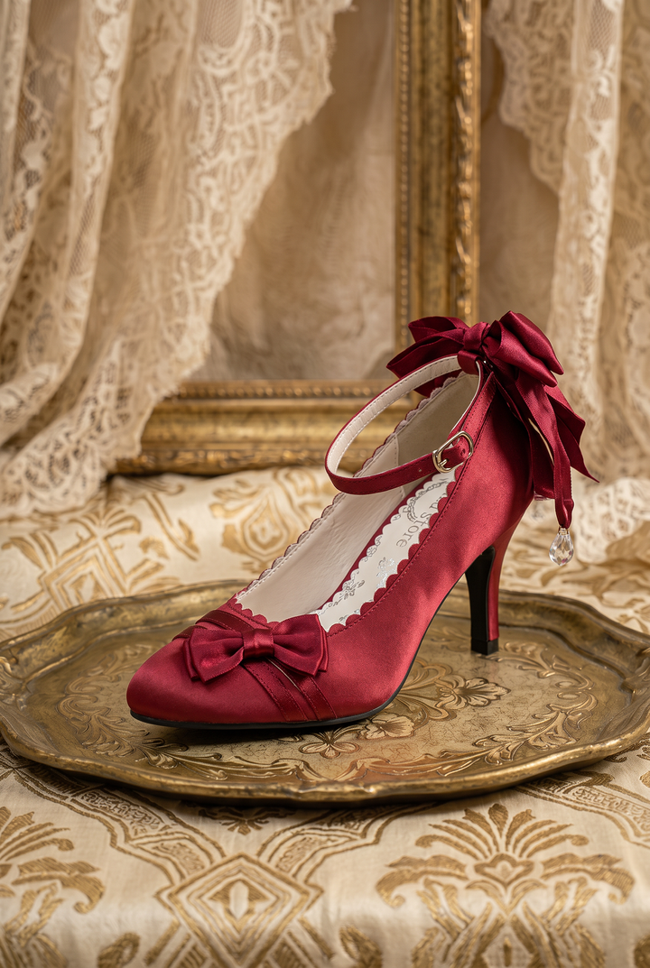 Handmade Vintage-Inspired Regency Ruby Red Satin Bow Heels with Ankle Strap