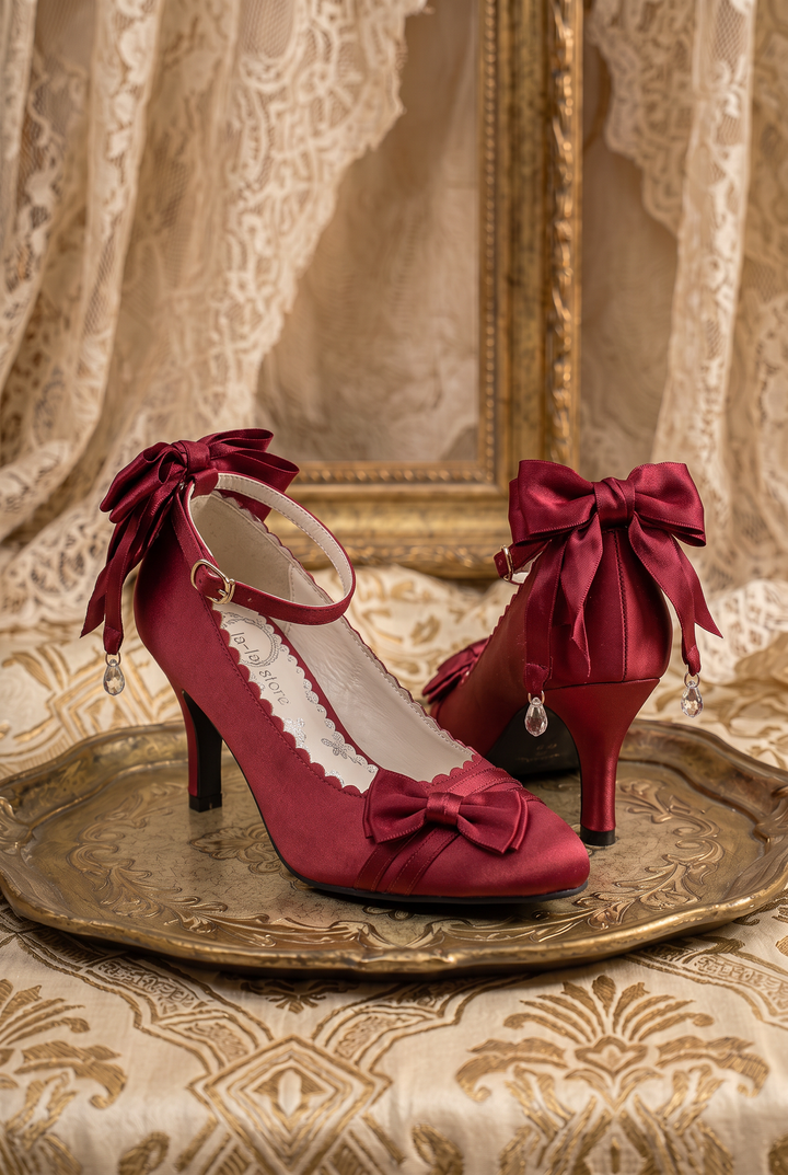 Handmade Vintage-Inspired Regency Ruby Red Satin Bow Heels with Ankle Strap
