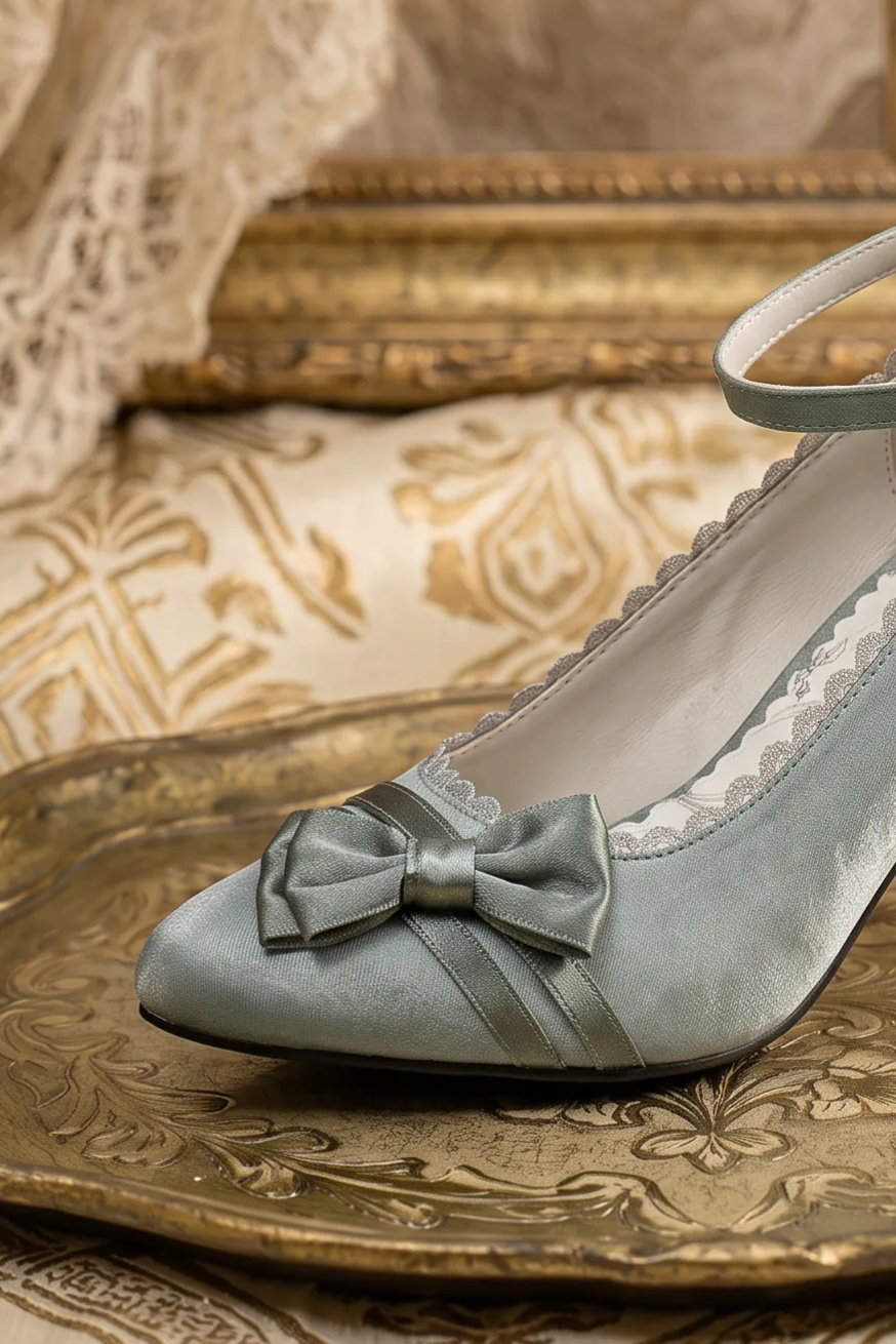Handmade Vintage-Inspired Regency Sage Green Bow Heels with Ankle Strap