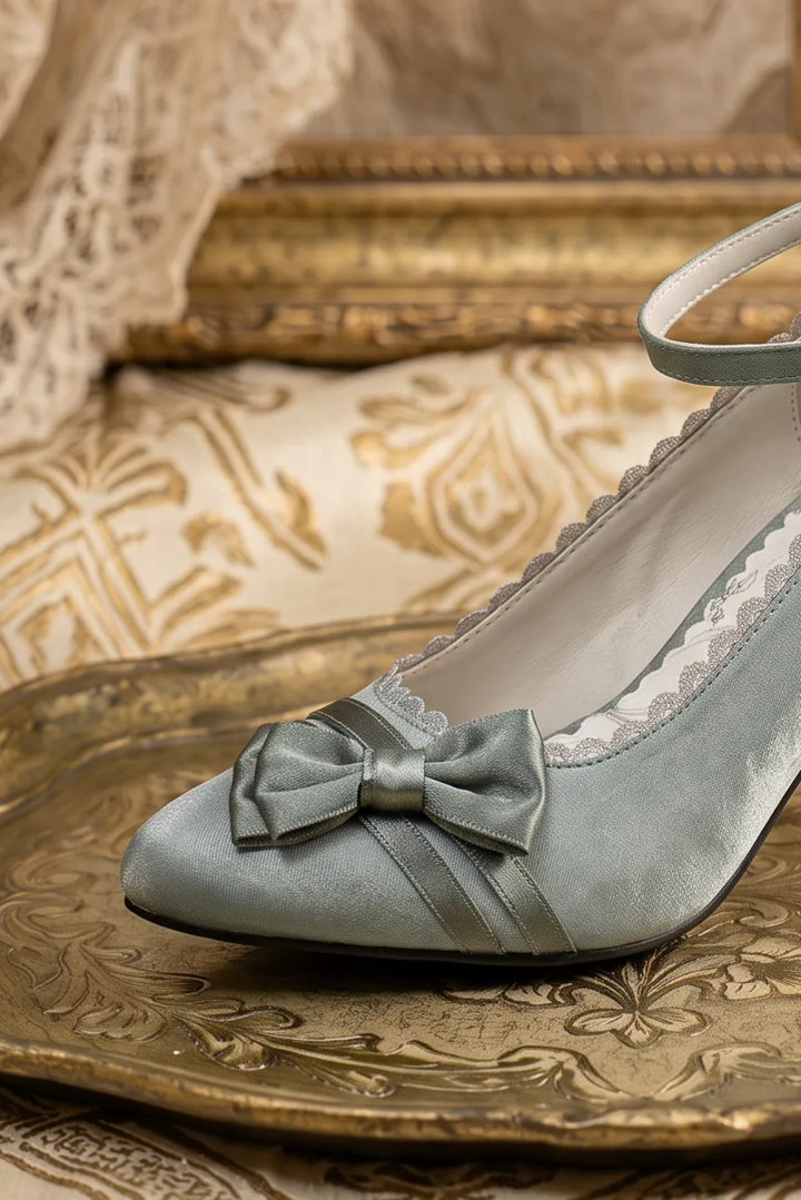 Handmade Vintage-Inspired Regency Sage Green Bow Heels with Ankle Strap
