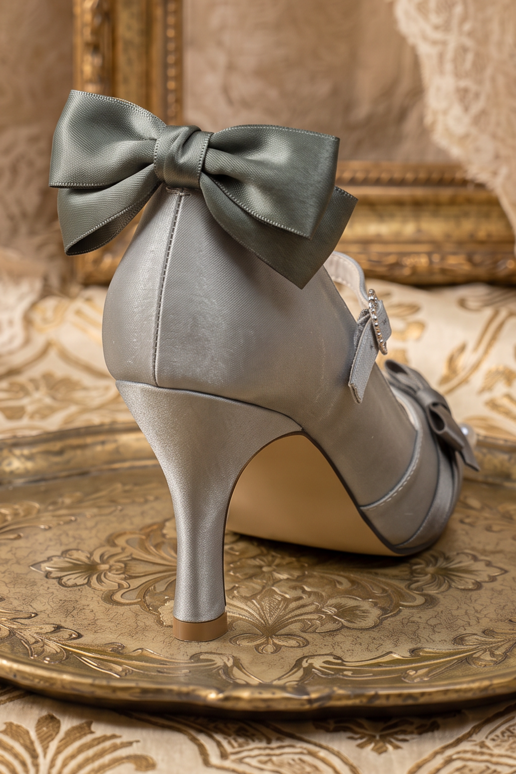 Handmade Vintage-Inspired Regency Silver Grey Satin Mary Jane Heels with Pearl Bow and Jeweled Buckle