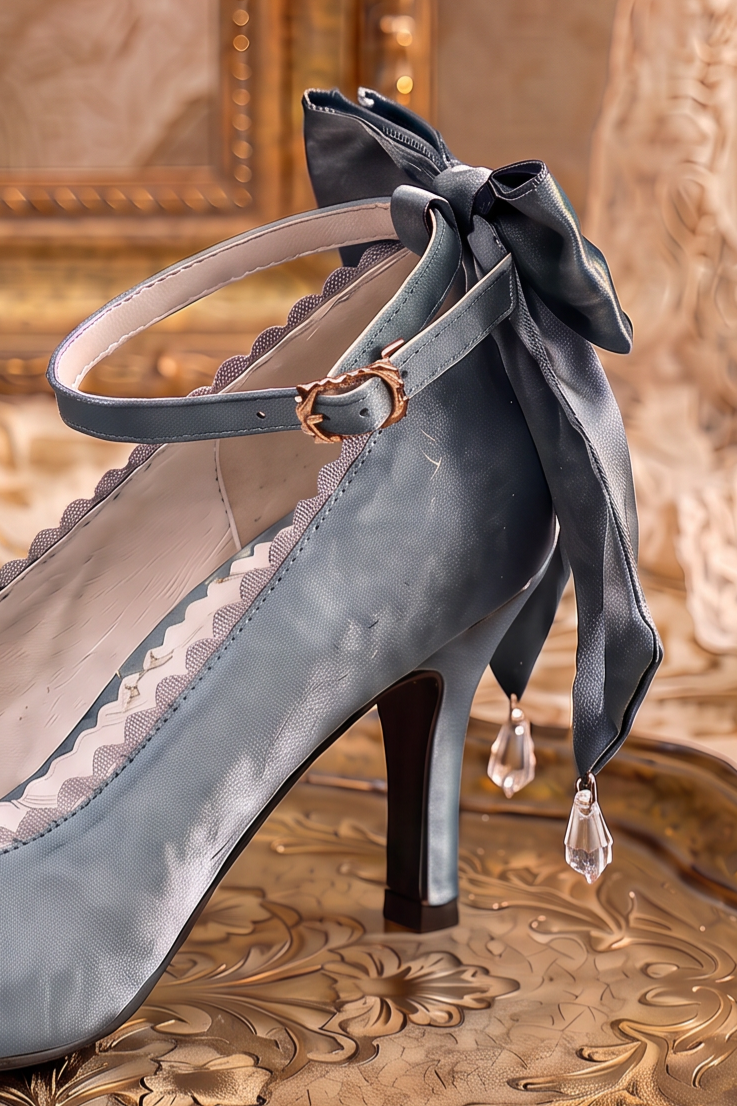Handmade Vintage-Inspired Regency Slate Blue Satin Bow Heels with Ankle Strap