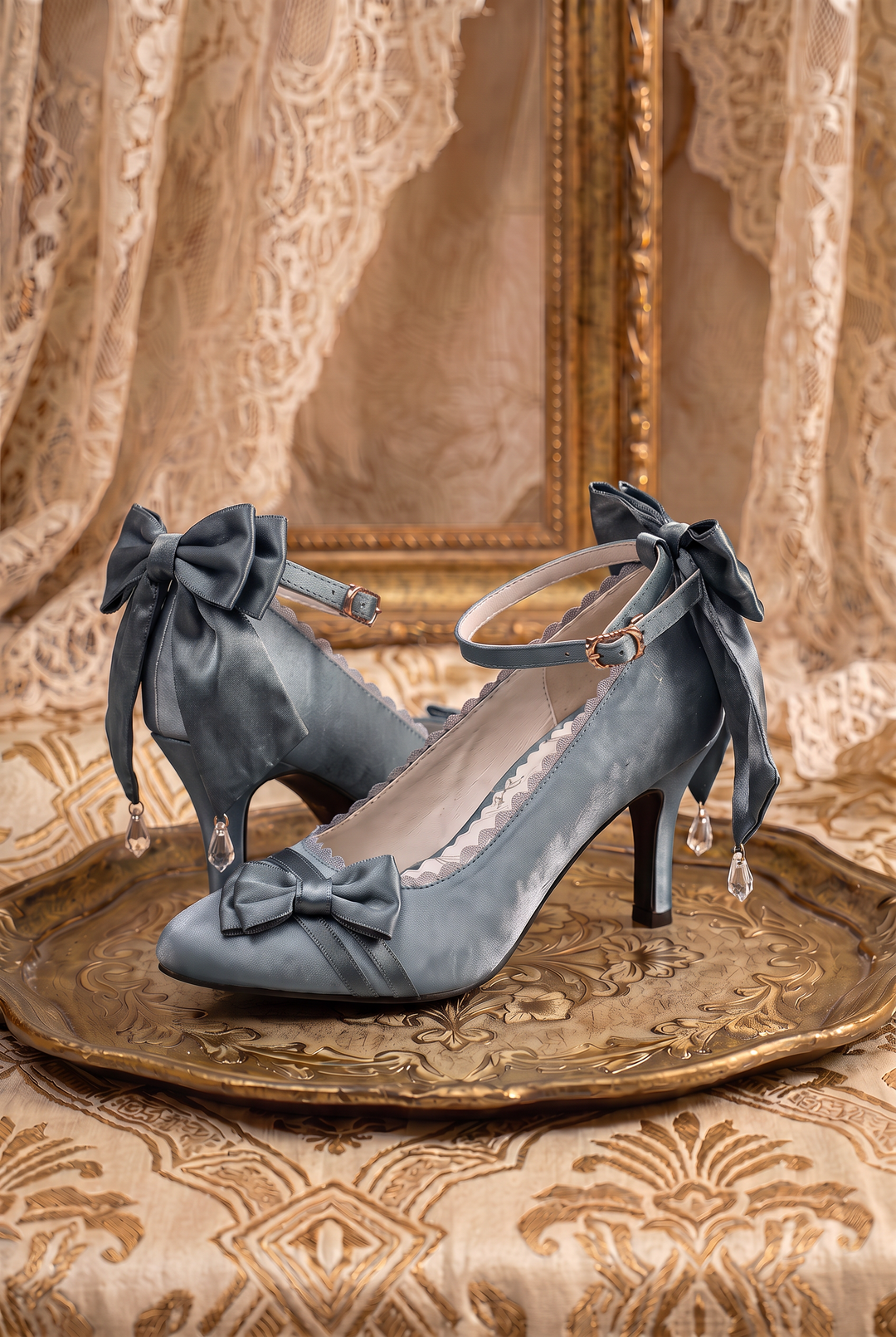 Handmade Vintage-Inspired Regency Slate Blue Satin Bow Heels with Ankle Strap