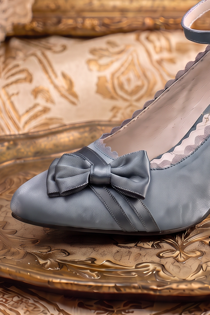 Handmade Vintage-Inspired Regency Slate Blue Satin Bow Heels with Ankle Strap